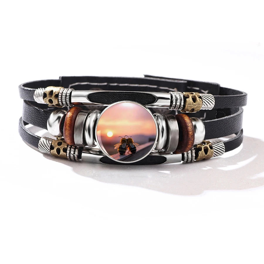 Hot Cross-border Twin Bees Sunset Landscape Printed Bracelet Three Layer Braided Leather Bracelet  Bulk Wholesale