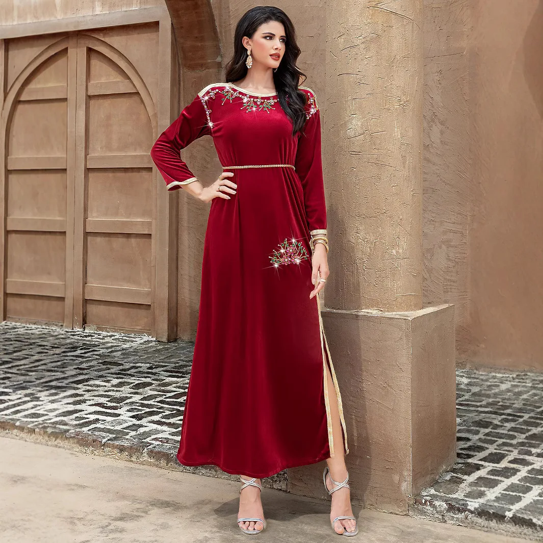 BA5164 Wine Red Velvet Hand sewn Water Diamond Spliced Gold Ribbon Dress Long Skirt Toast Dress