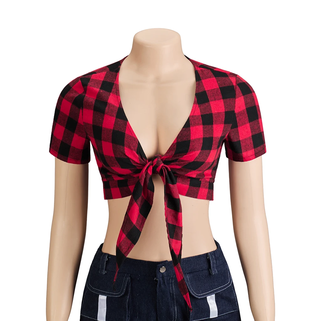 Movie Twin Peaks Cosplay Restaurant Costume Women Sexy Red Plaid Lace Up Crop Top Halloween Carnival Party Bar Shirt