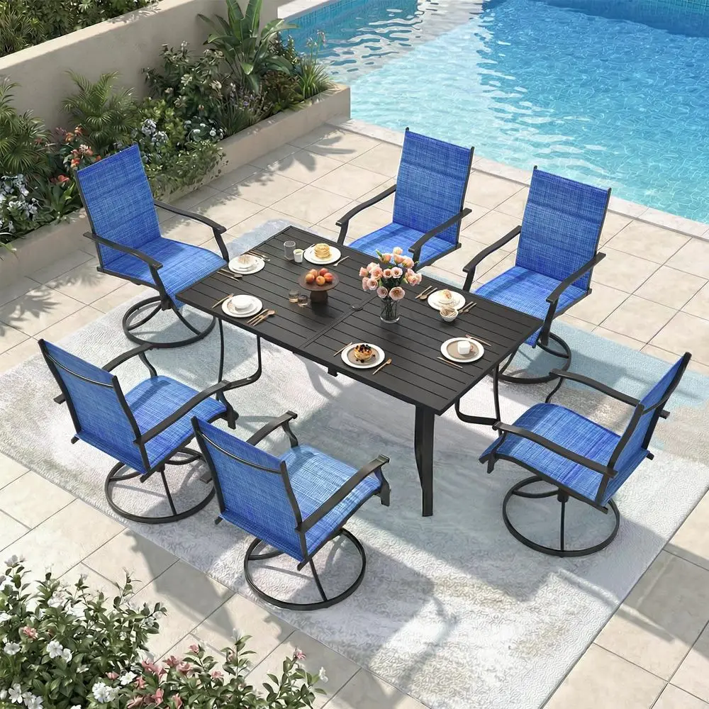 

Pieces Patio Table and Chairs Set, 63 Metal Dining Table with Umbrella Hole, 6 High Back Textilene Swivel Chairs, Dining Table