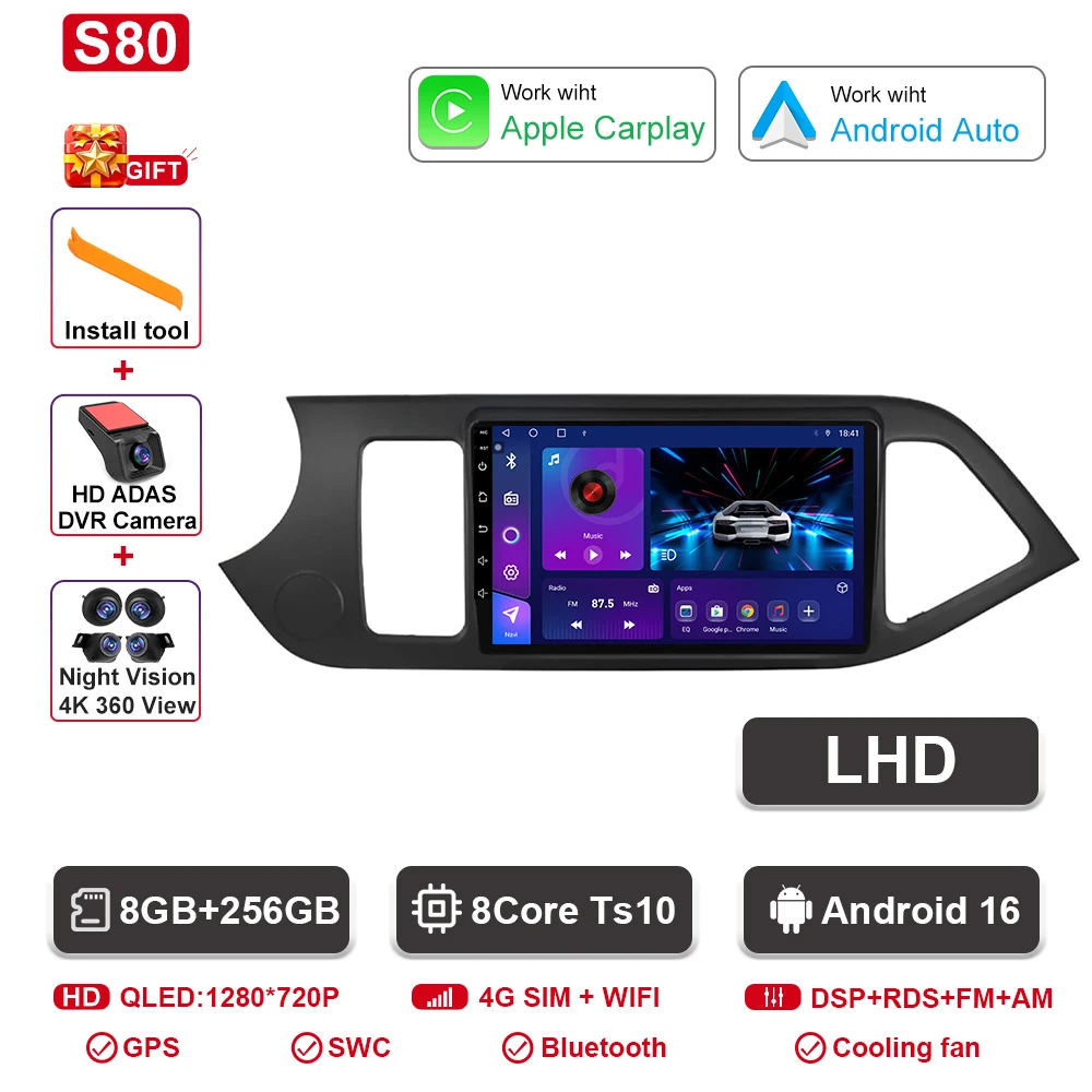 Android 16 Voor KIA PICANTO Ochtend 2011 2012 2013 2014 2015 2016 Carplay Auto Multimedia Autoradio Navigatie Speler WIFI + 4G DSP