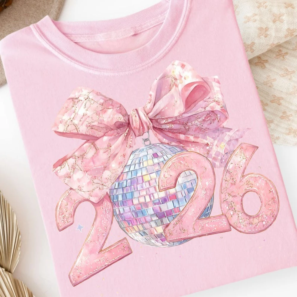 Happy New Year 2026 Shirt Pink Coquette New Year Tshirt Vintage Disco Ball Printed T-shirt Women Fashion Casual Holiday Tops