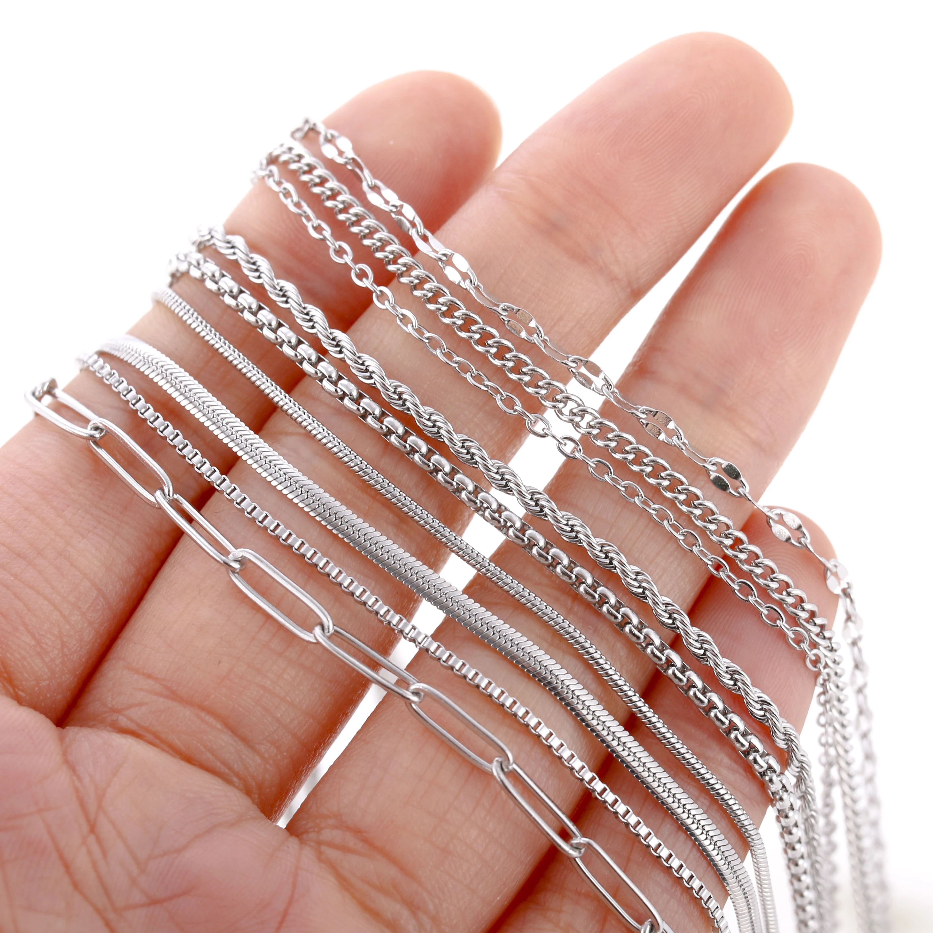 5Pcs/Lot Stainless Steel Chains Adjustable Length 45+5cm Cuba/O/Ripple/Twisted Chain DIY Jewelry Necklace With Lobster Clasp