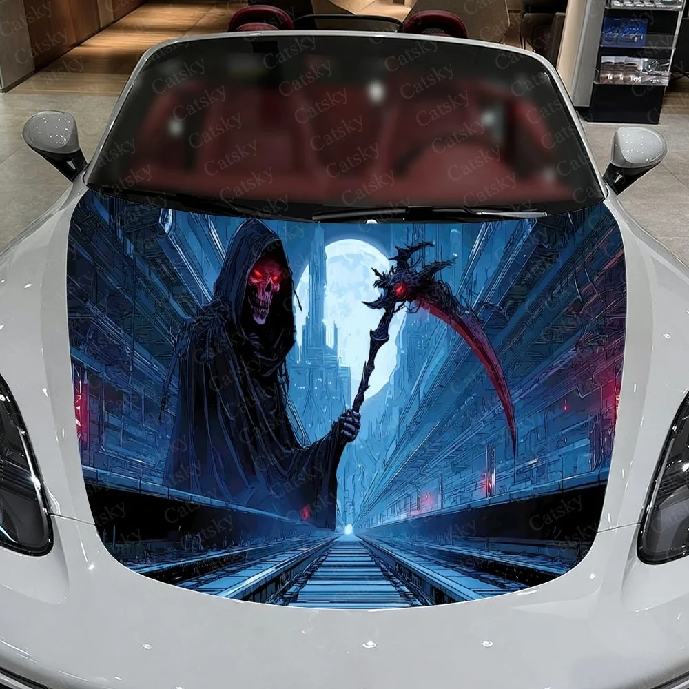 Grim reaper with glowing eyes and scythe stands in futuristic city under moonlight, vividly printed on car hood.Car Vinyl Wrap,