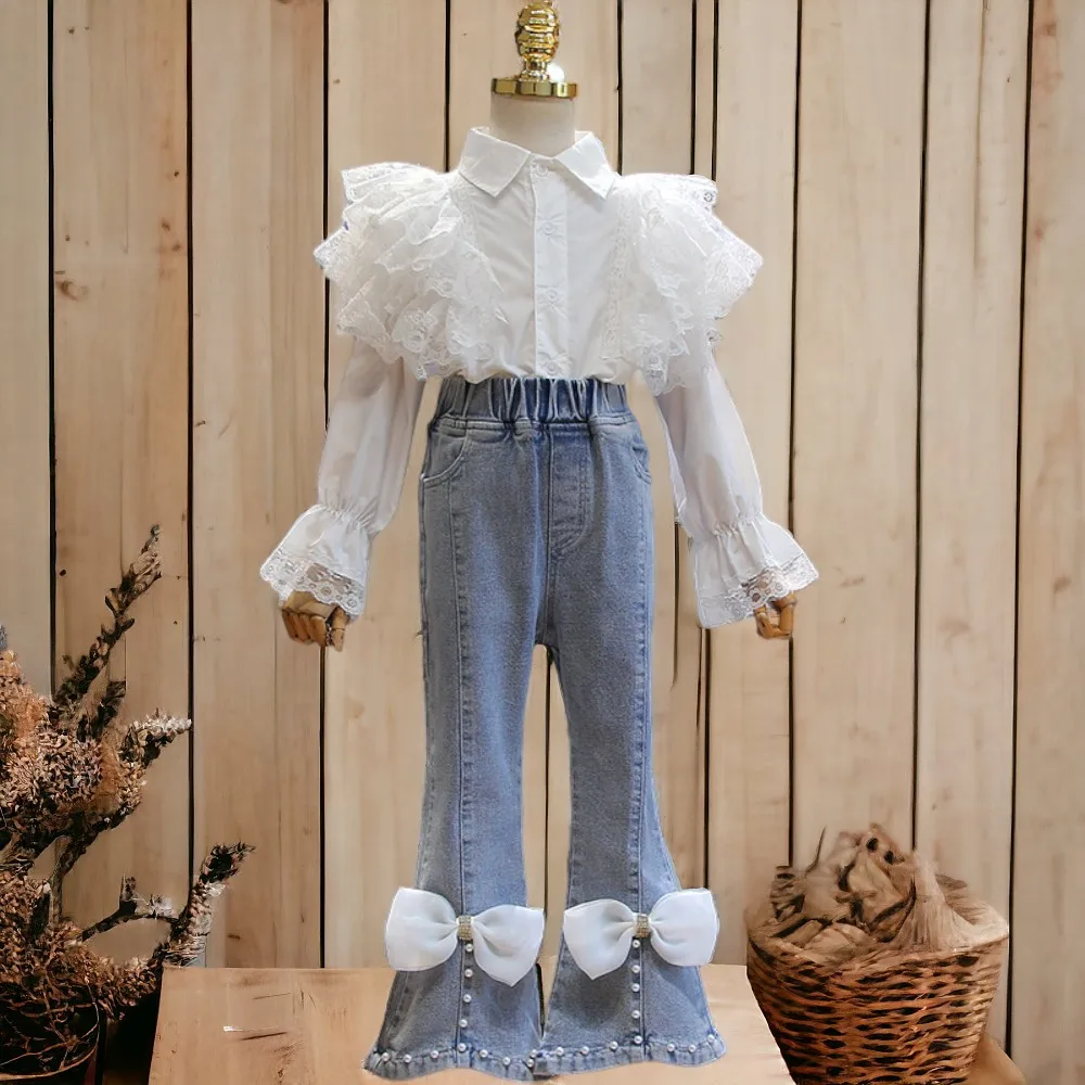 

Girls Outfits Sets Clothes for Children Suits Teenagers White Shirt & Jeans 2Pcs Spring Autumn Baby Costumes 4 6 8 9 10 12 Years