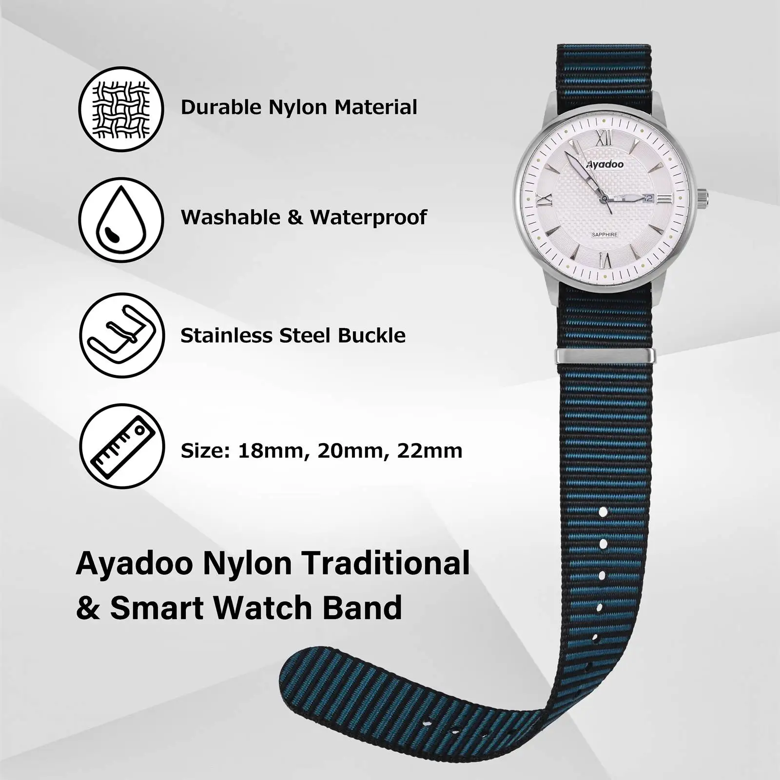 Двухцветный нейлоновый ремешок для часов Ayadoo, цельный сменный ремешок с текстурой полосы для мужчин и женщин, доступная ширина наконечника 18 мм, 20 мм, 22 мм
