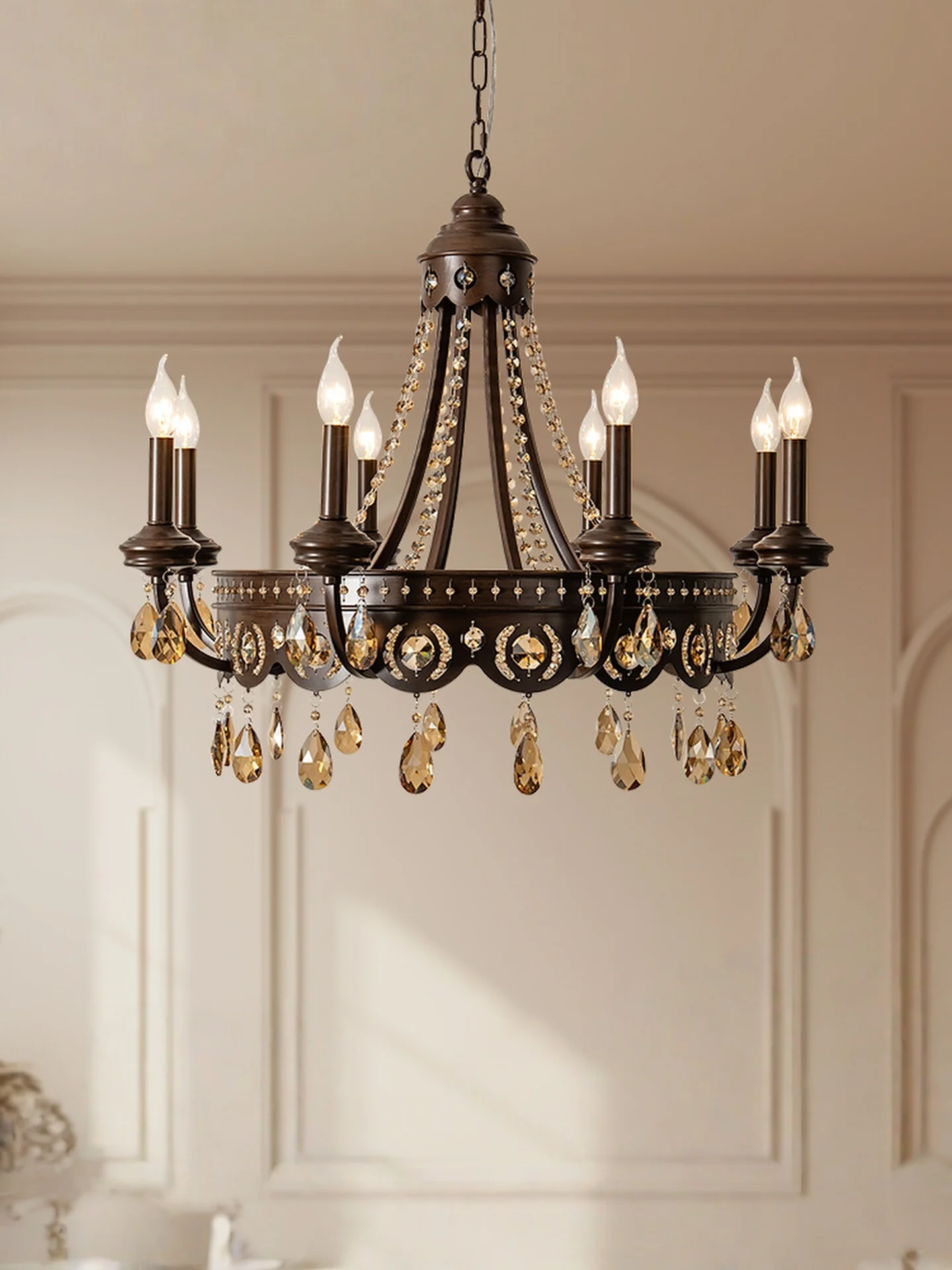 

American Retro Led Chandelier Home Decoration Living Room Dining Room Bedroom Study Candle Iron Crystal Lighting Fixture