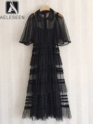 AELESEEN Runway Fashion Women Summer Black Dress 2022 Flare Sleeve Single Breasted Mesh Ruffles Patchwork Elegant Office Lady