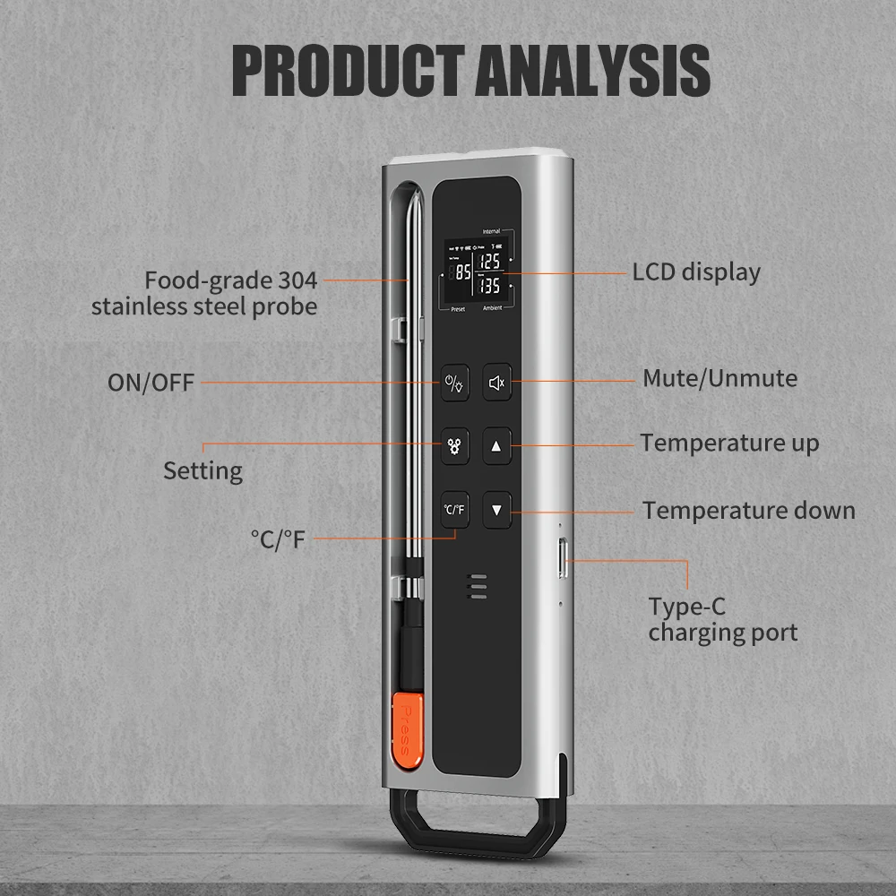 Wireless Meat Thermometer Digital Rechargeable Bluetooth Probe Thermometer with With LCD Screen & APP for BBQ, Oven, Grill