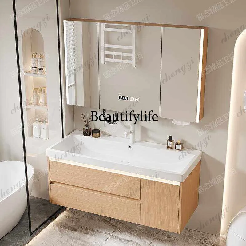 Simple log wind enlarged integrated ceramic ocean basin bathroom cabinet combination, smart mirror washstand
