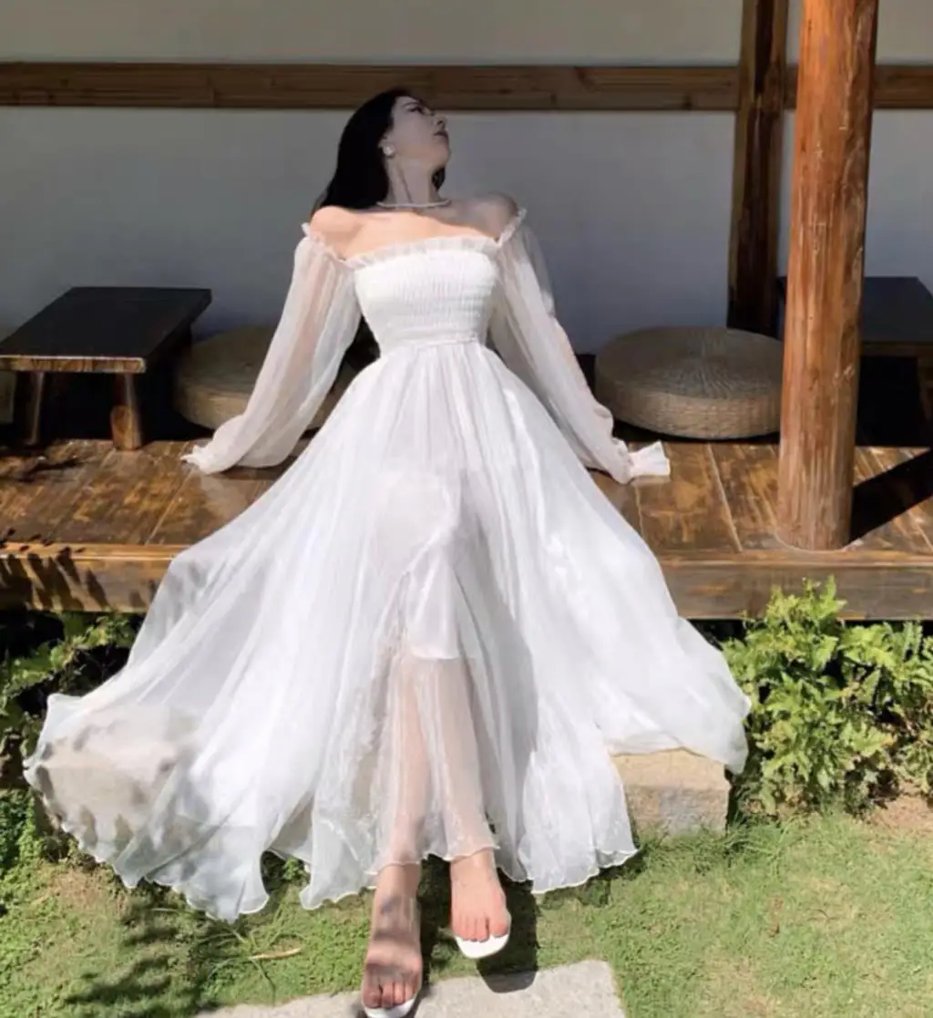 Elegant Holiday Beach Dresses Summer Women Solid White Puff Sleeve Slash  Neck Off Shoulder Korean Fashion Chiffon Dresses