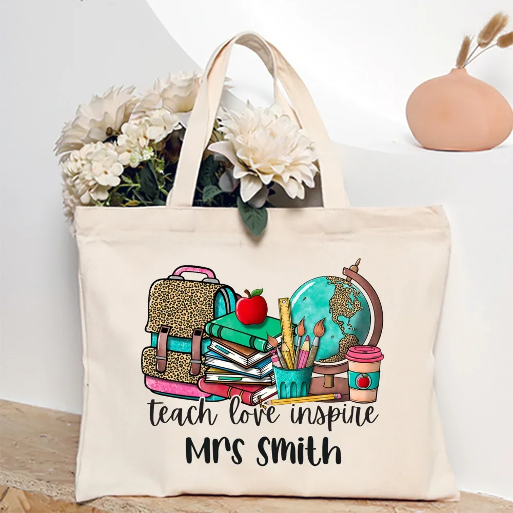 Personalised Tote Bag Teacher Love Inspire Print Canvas Shoulder Bags Female Shopping Bag Women Travel Handbags Gift for Teacher