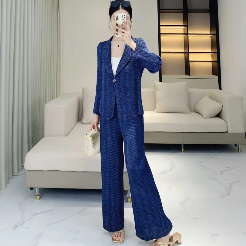 GGHK Pleated Women Suit 2 Piece Solid Color Lapel Long Sleeve Single Button Coat Casual Wide Leg Pants 2025 Formal Clothing New