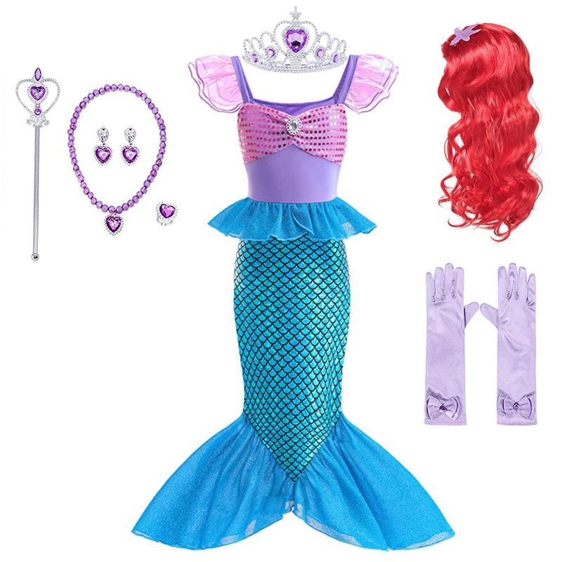 

Carnival Girls Little Mermaid Dress Wig accessories Summer Princess Kids Child Birthday Party Clothes Sets Girls Outfit
