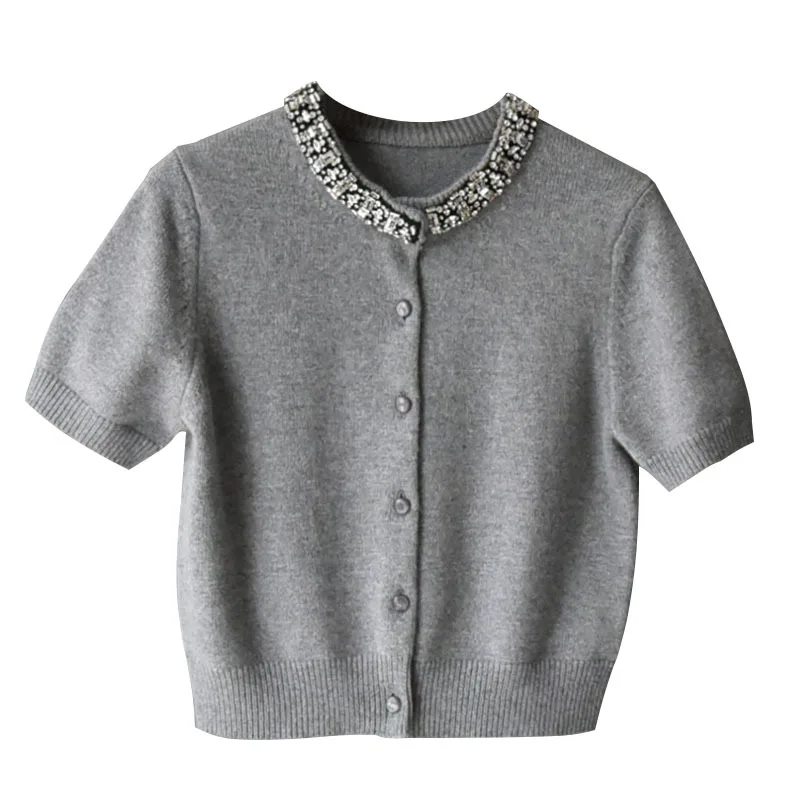 

High Quality Knitted Sweaters 2024 Early Spring Cardigan Ladies Beading Deco Short Sleeve Casual Grey Knitted Cardigan Tops Coat