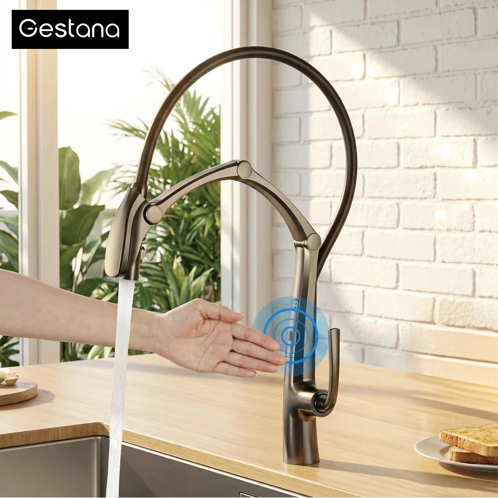 

Luxury Gunmetal Brass Kitchen Faucet with LED Display,Sensor&Pull-Out 3-Function Spray,Touchless High Pressure Water-Saving Tap