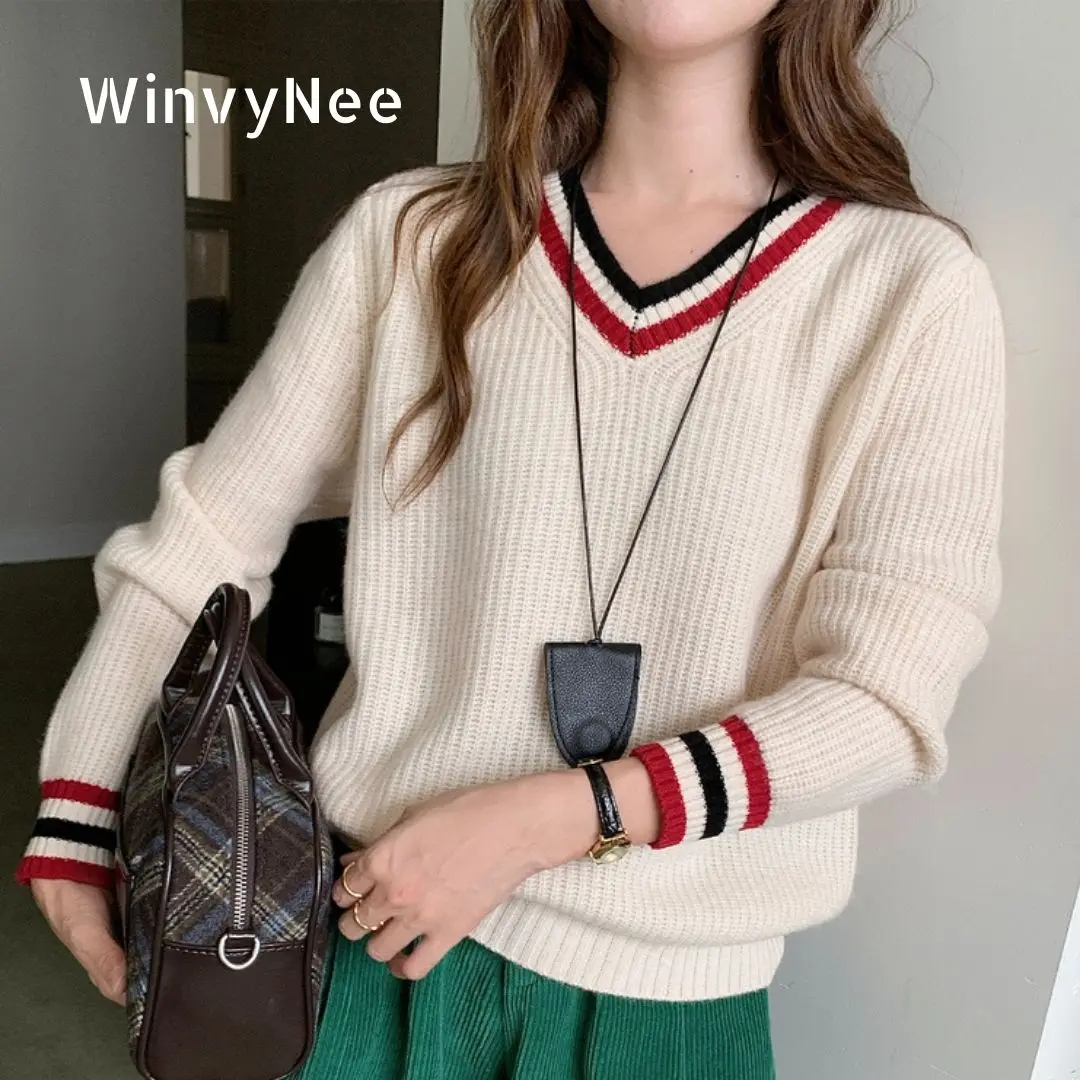 Women's Thick Wool V-Neck Winter Sweater - Casual Knit Jumper