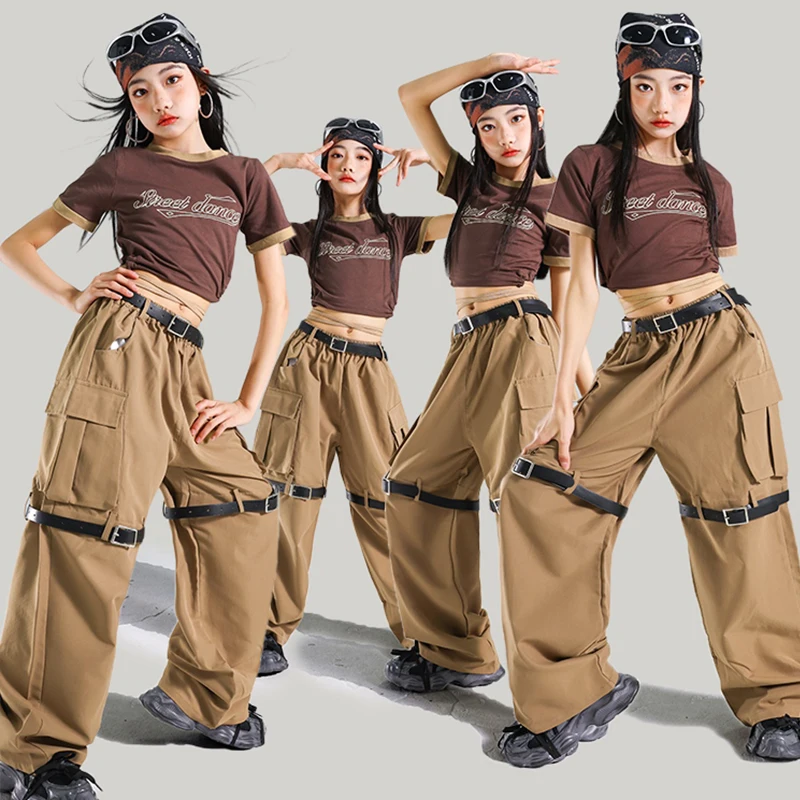 ملابس رقص الجاز للفتيات Kpop أداء الزي البني المحاصيل الأعلى الهيب هوب بنطلون أطفال عرض الرقص المرحلة زي ملابس الشارع 2104