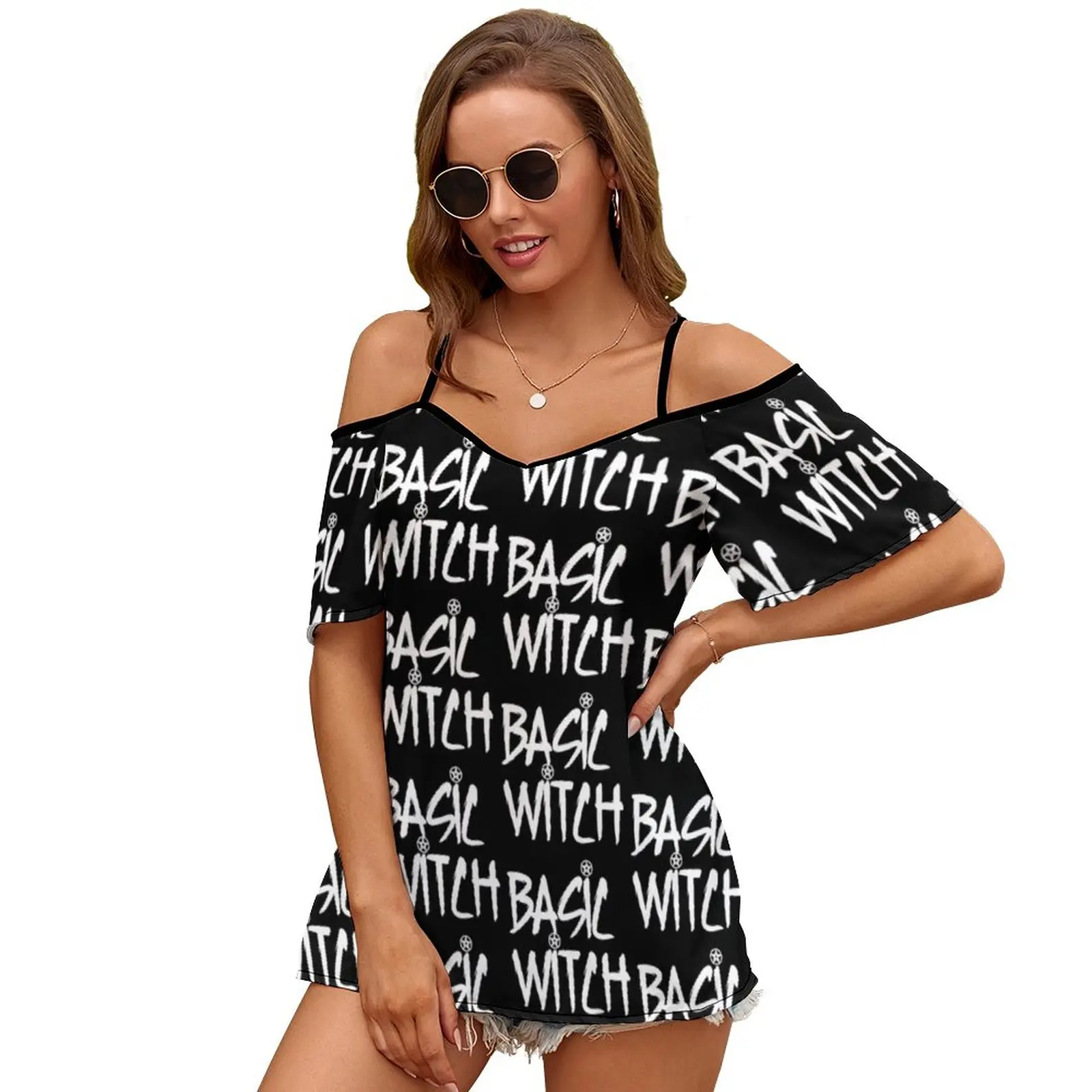 Basic Witch Women Short Sleeve Tops O-Neck Hollow Out Shoulder Strap Tees Streetwear Basic Witch Basic Witch Witch Brujeria