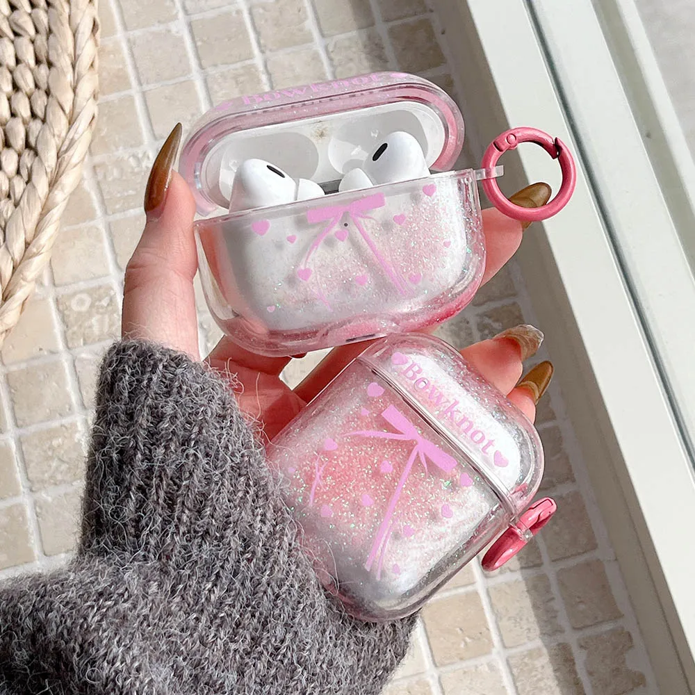 INS Pink Quicksand Bowknot Bow Love Heart Case For Airpods 4 New Pro 2nd 2 1 Sweet Girl Wireless Earphone Box Cover with Keyring