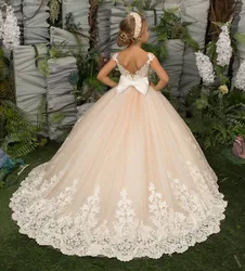 Vestidos de niña de flores con apliques hinchados, lazo largo sin mangas, tul con cuentas, cumpleaños, graduación, vestidos de boda, vestidos de comunión para niños