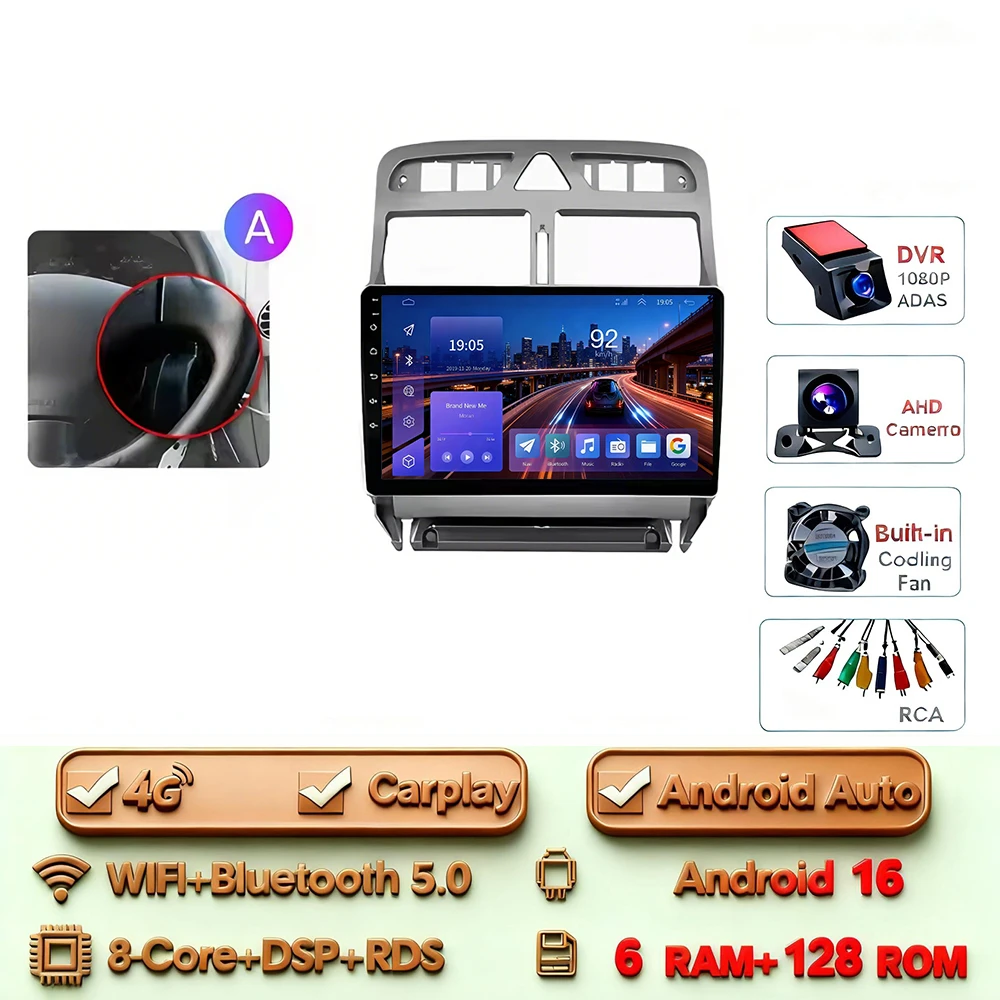 Android 16 Carplay Android Auto 2din Autoradio voor Peugeot 307 307CC 307 SW 2004-2013 4G WIFI GPS DSP BT Touchscreen Multimedia