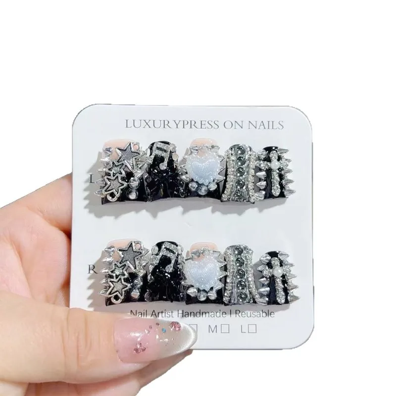 Press-on Nails Punk Style Acrylic With 3d Rivets And Rhinestones_voghion.com