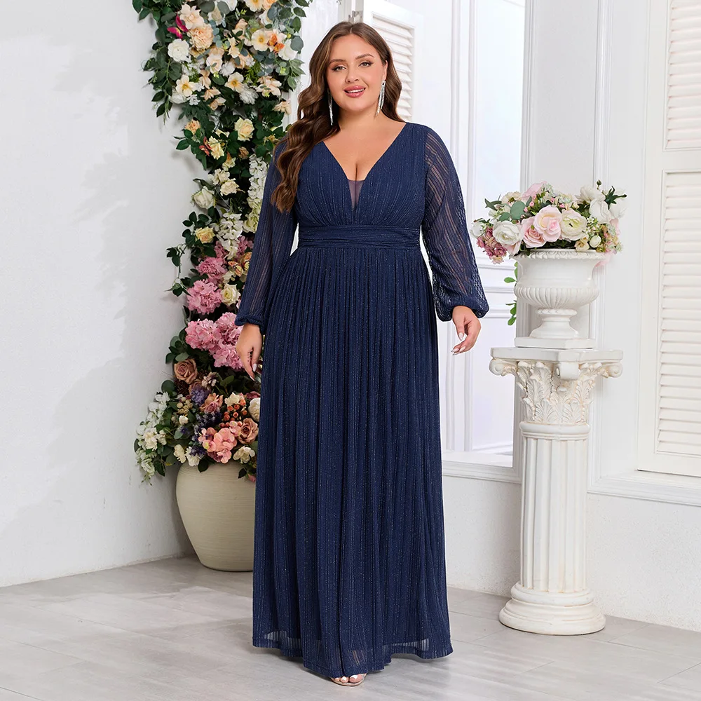 BKQU 심플 플러스 사이즈 이브닝 드레스 여성용 긴 소매 반짝이는 주름진 A라인 브이넥 풀라이닝 백 지퍼 이브닝 가운