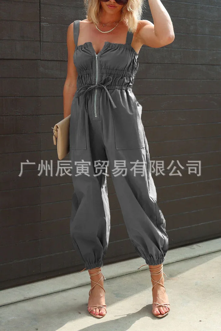 Jumpsuits Vrouwen Een Stuk Cargo Broek Overalls Mouwloze Sling Rits Zakken Rompertjes Y2k Hoge Taille Lange Broek Casual 2025