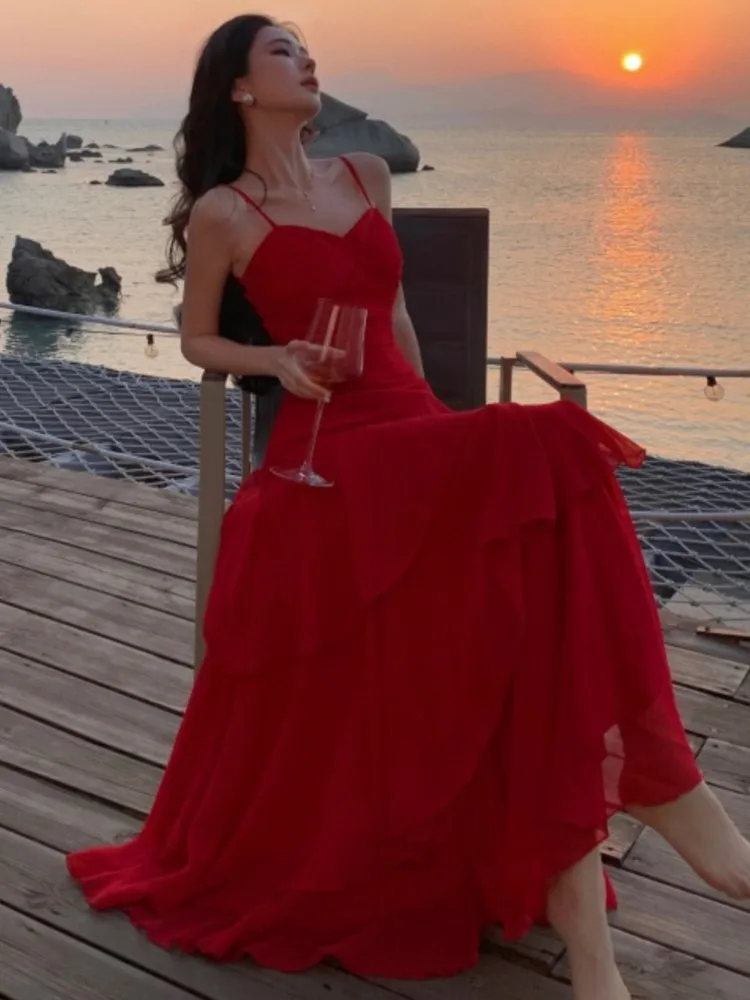

Summer Red Womens Dresses Elegant Spaghetti Strap Sleeveless Ruffles Birthday Party Long Dress Holiday Prom A-Line Vestidos New