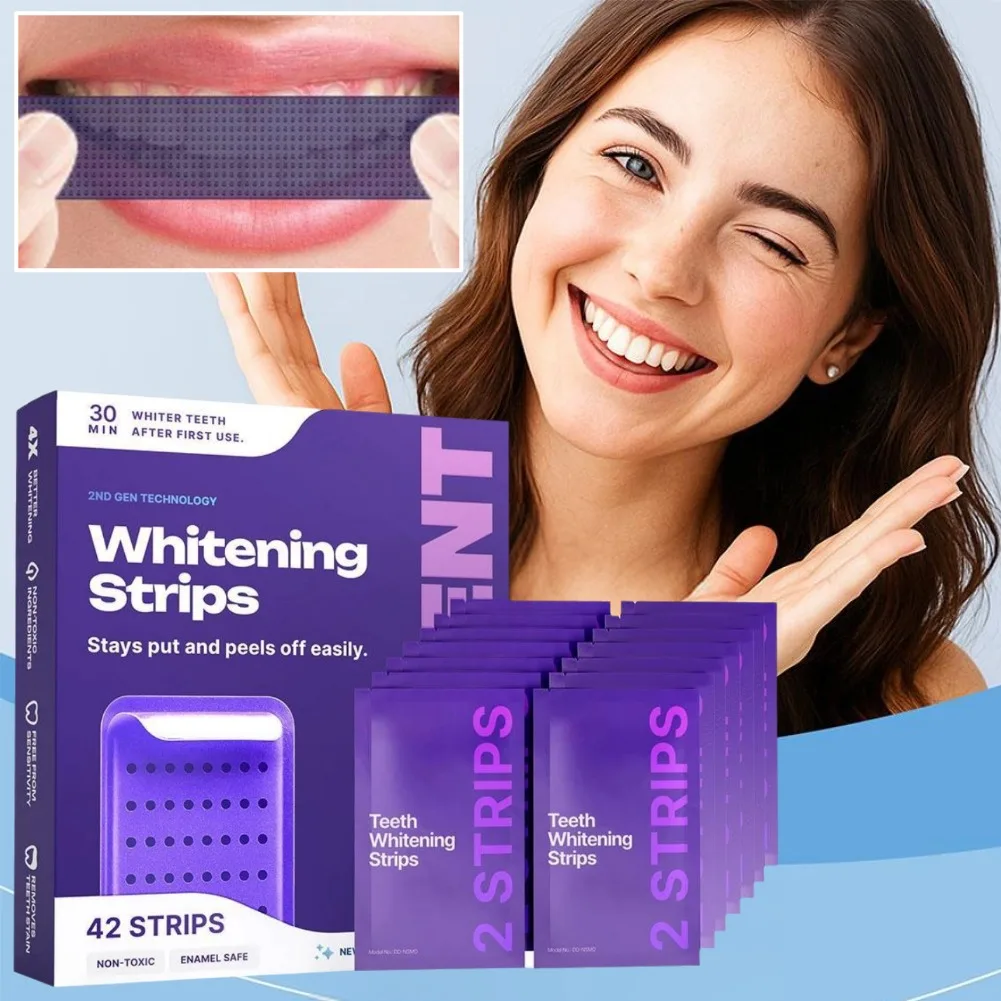 

42 полоски-пластыри для коррекции цвета зубов, фиолетовые, отбеливающие, для удаления пятен, стикеры для осветления зубов для курильщиков и любителей кофе