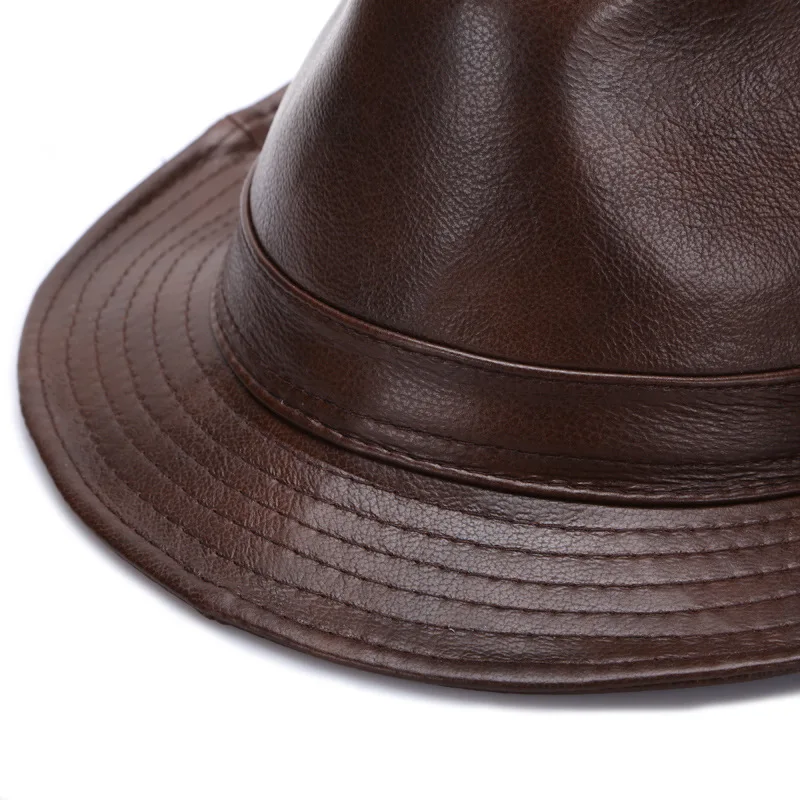 Men\'s Genuine Leather Fedora Hat Top Grain Cowhide Vintage Pork Pie Cap for Comfort and Breathability 55-62cm