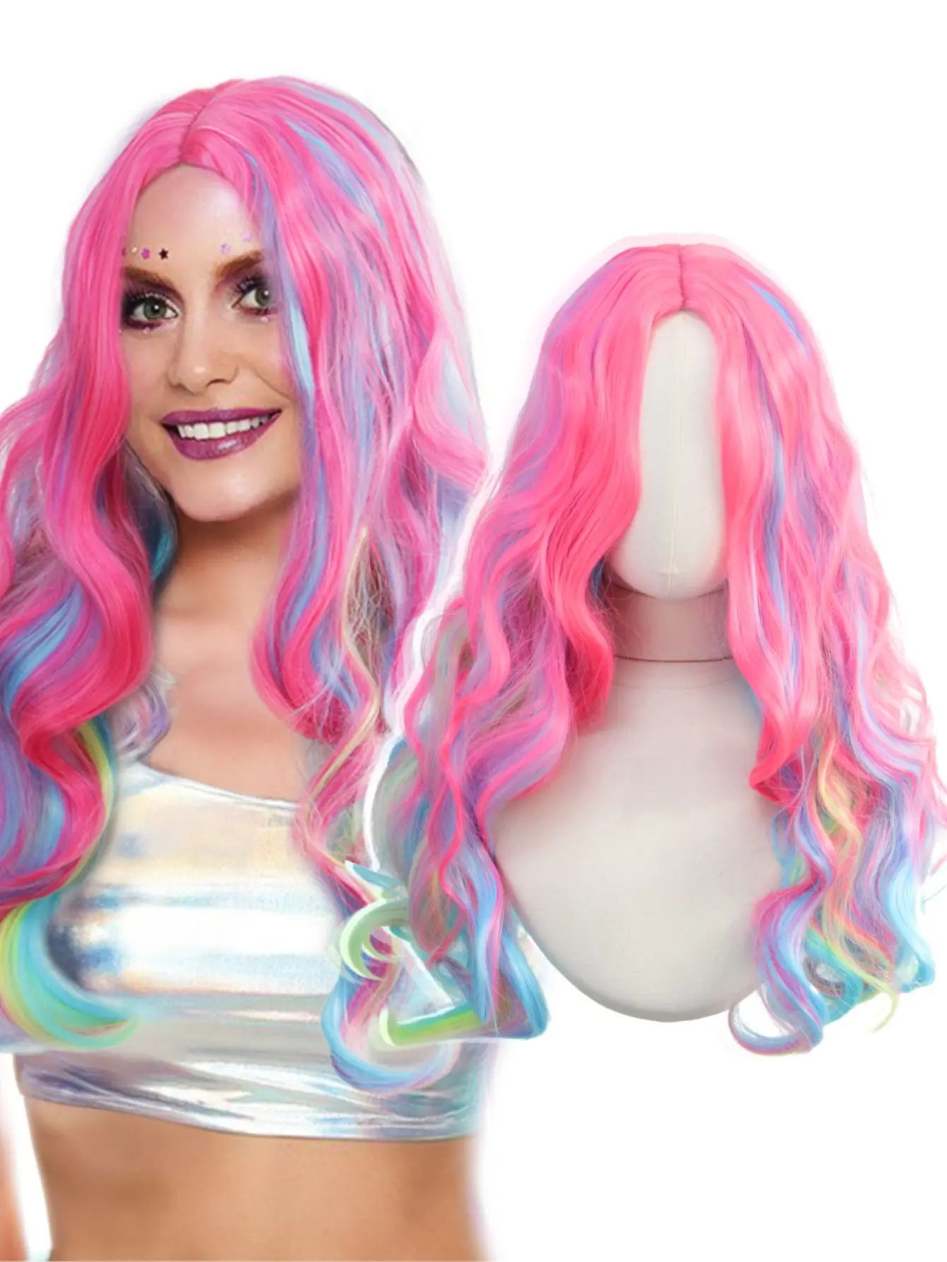 

Мечтательный Радужный градиент Длинные вьющиеся волосы Аниме Косплей Красочный парик Парик в стиле Лолиты для аниме - вдохновленные виды.