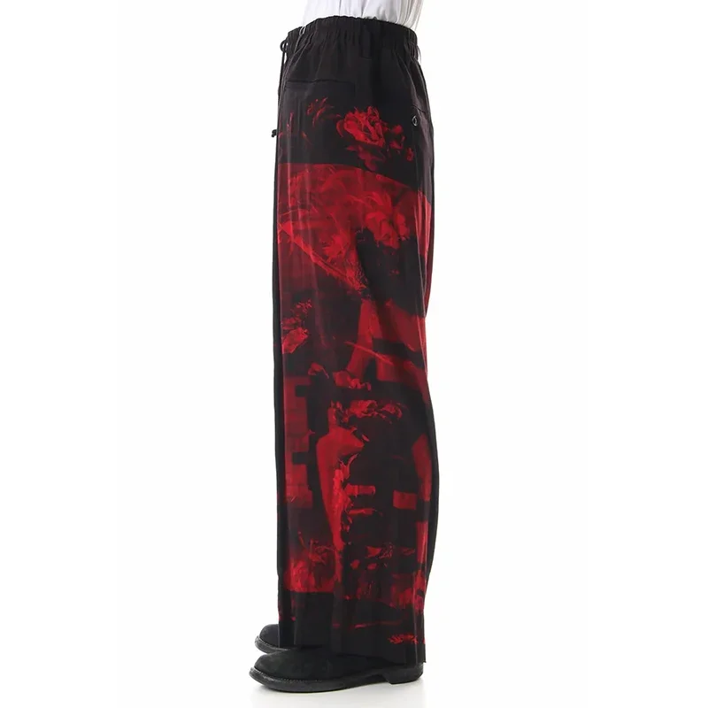 YOJI OOAK تصميم داكن، سراويل غير رسمية متباينة باللونين الأسود والأحمر، سراويل واسعة الساق بطباعة وردية، سراويل فضفاضة #3