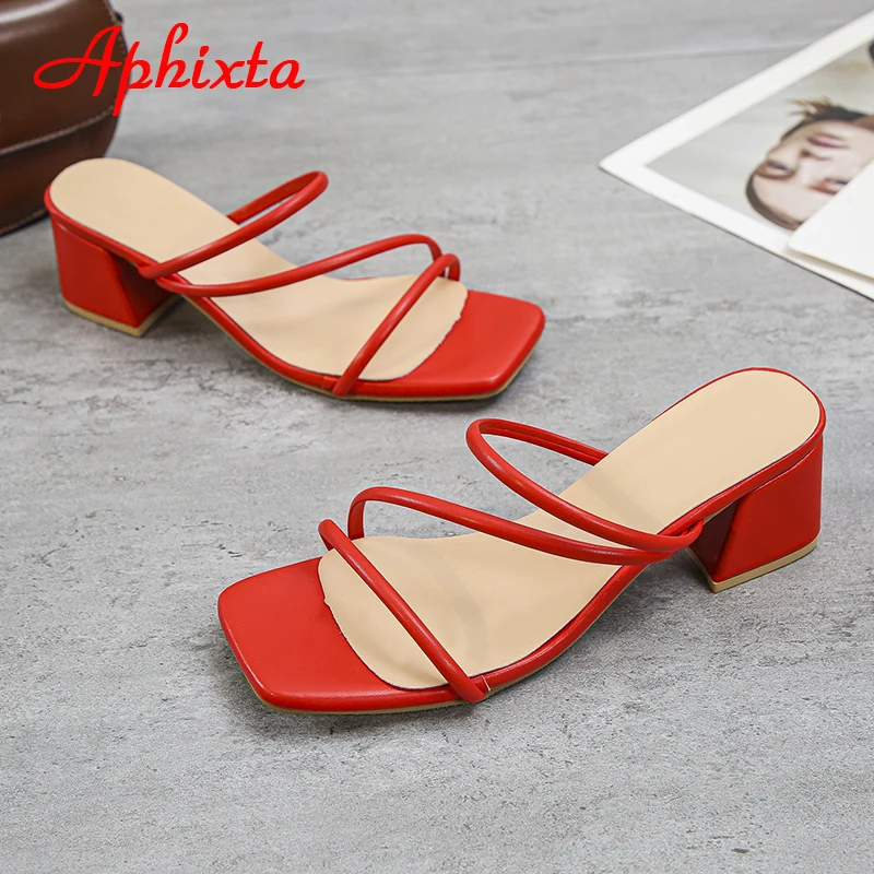 Aphixta 2022 New 4.5cm Red Low Square Heels Slides Women Simple Peep Toe Flip Flops Cool Summer Slippers Sandals Elegant Shoes