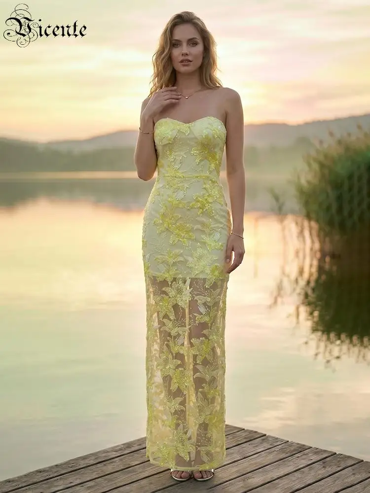 

VC 2026 Luxury Yellow Floral Embroidered Mesh Maxi Dress for Women Strapless Bodycon Evening Gown Elegant Sheer Lace Party Dress