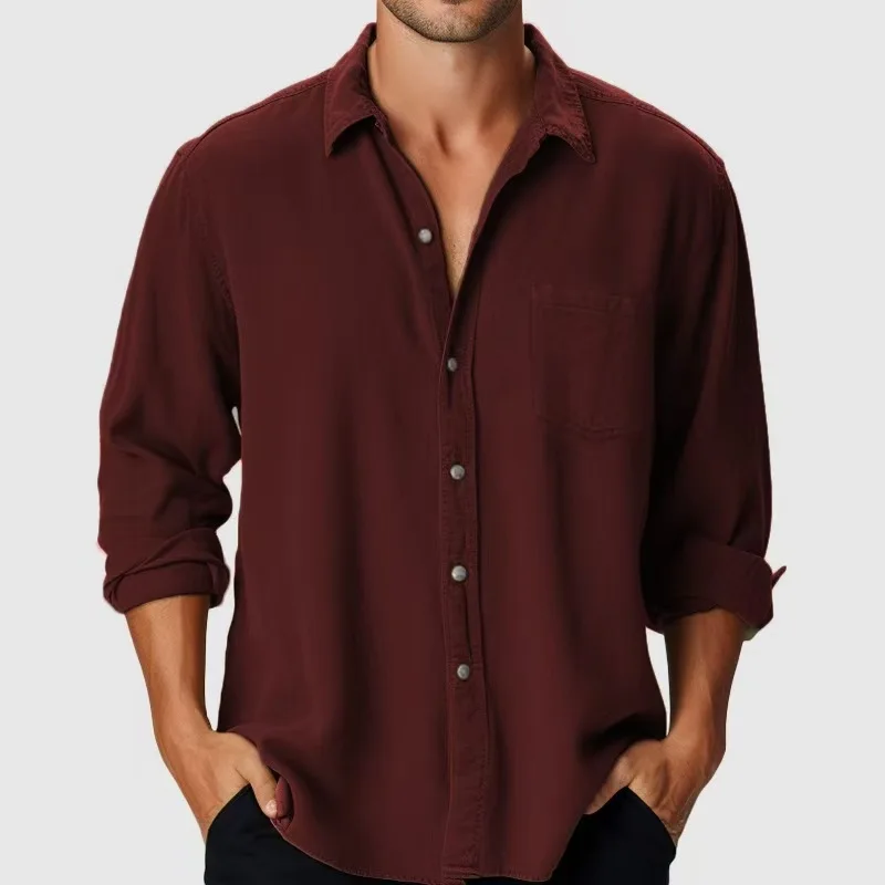 

2025 New Men Burgundy Long Sleeve Shirt Pure Cotton Business Casual Roll Up Sleeve Design Multi Color Options