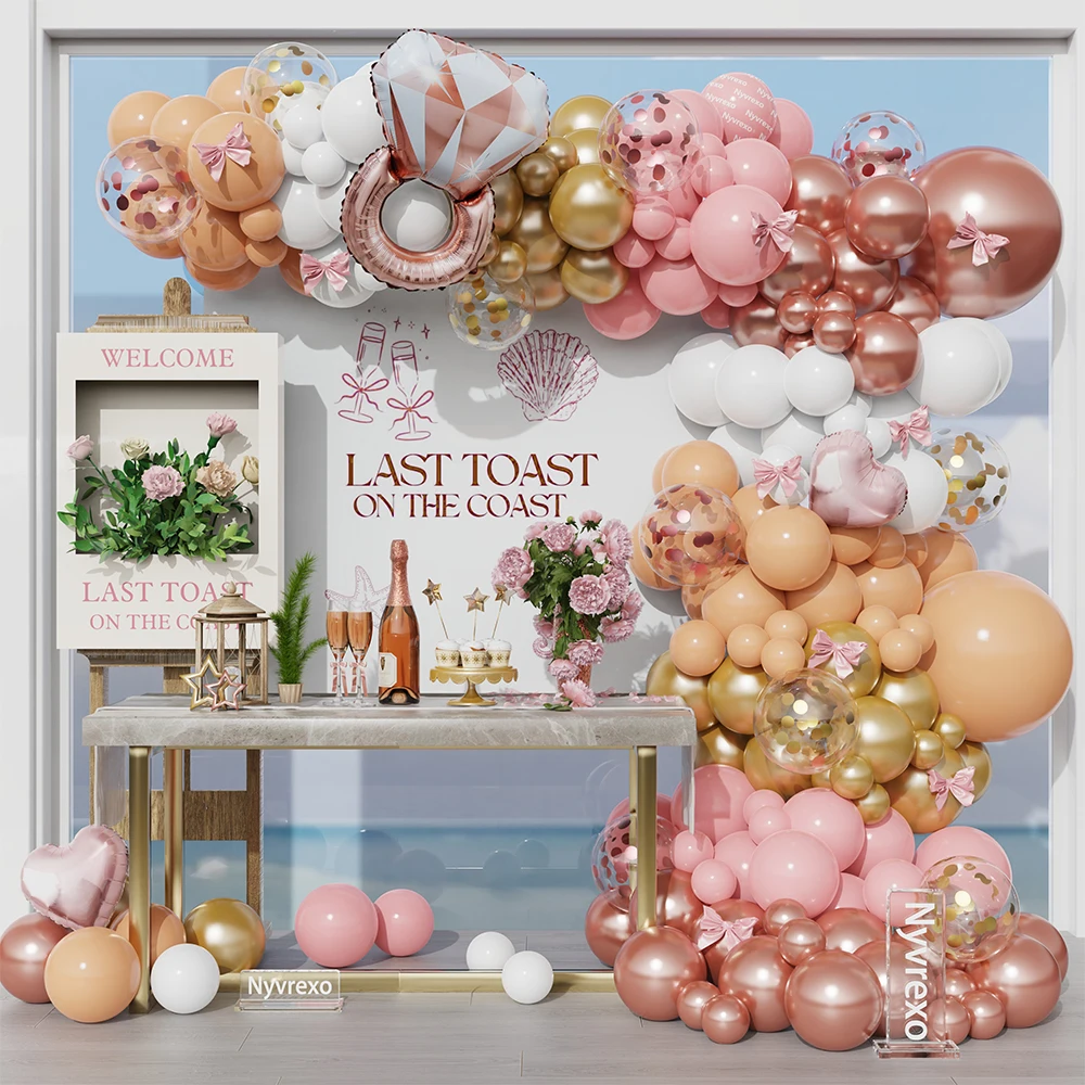 

137Pcs Rose Gold Diamond Ring Balloon Garland Kit Pastel Pink Metallic Gold Confetti Balloon Bridal Marriage Wedding Party Decor