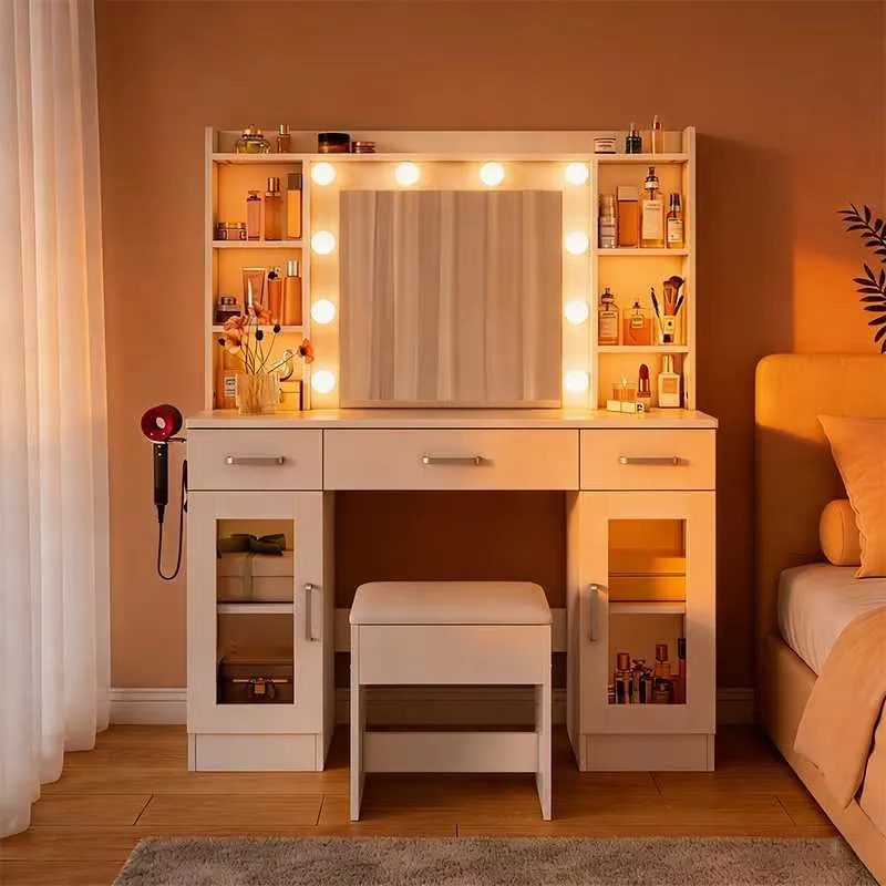 Tavolo da trucco con specchio illuminato a LED e set di sgabelli, tavolo da toeletta con 9 cassetti o ante in vetro, supporto per asciugacapelli, colore bianco.