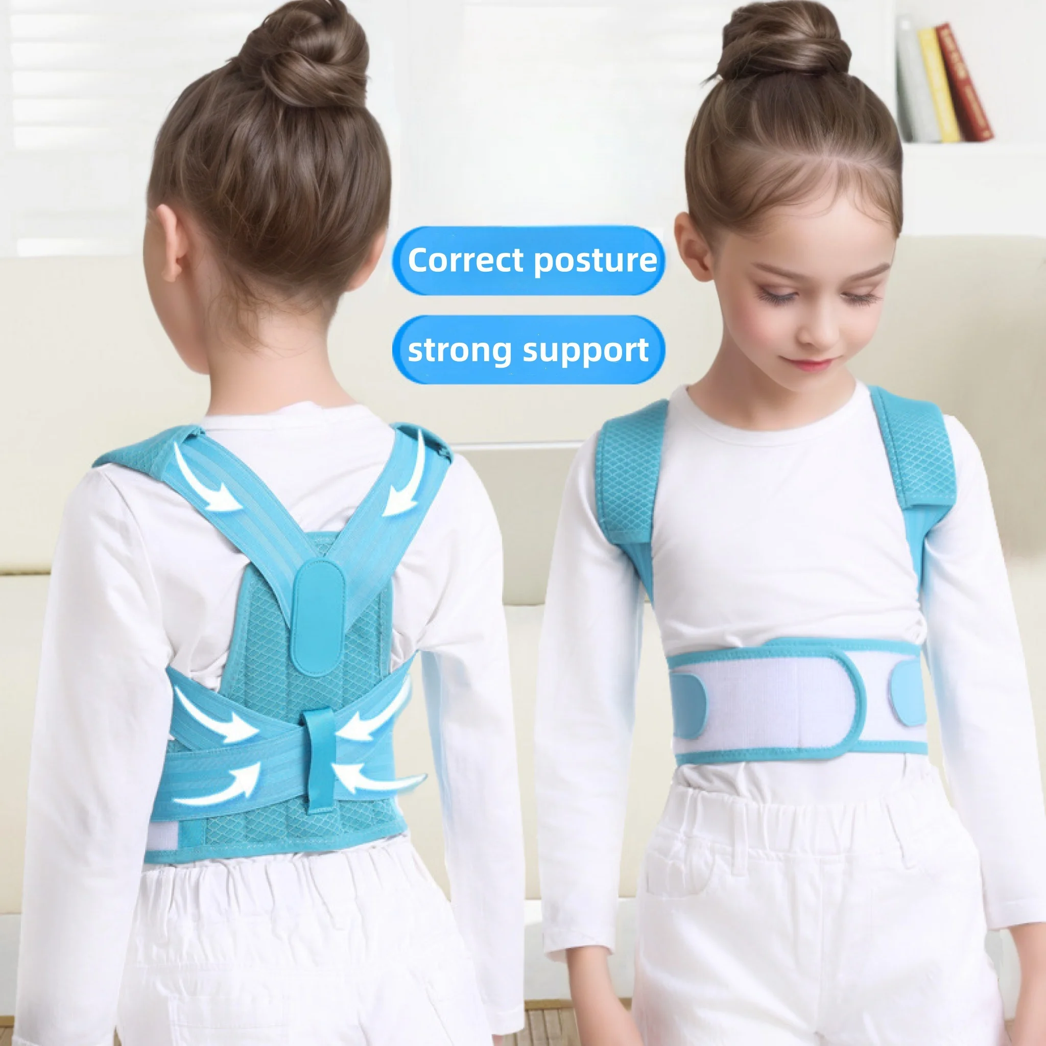 Adjustable Back Posture Corrector for Kids with Soft Padding Comfort- Blue and White Design for Learning, All Seasons Wear