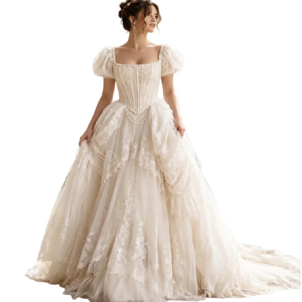 Fairytale Princess Wedding Dress 2027 Square Neck Puff Sleeve Lace Corset Bodice Pearl Chain Decor Tiered Ruffle Lace Bridal