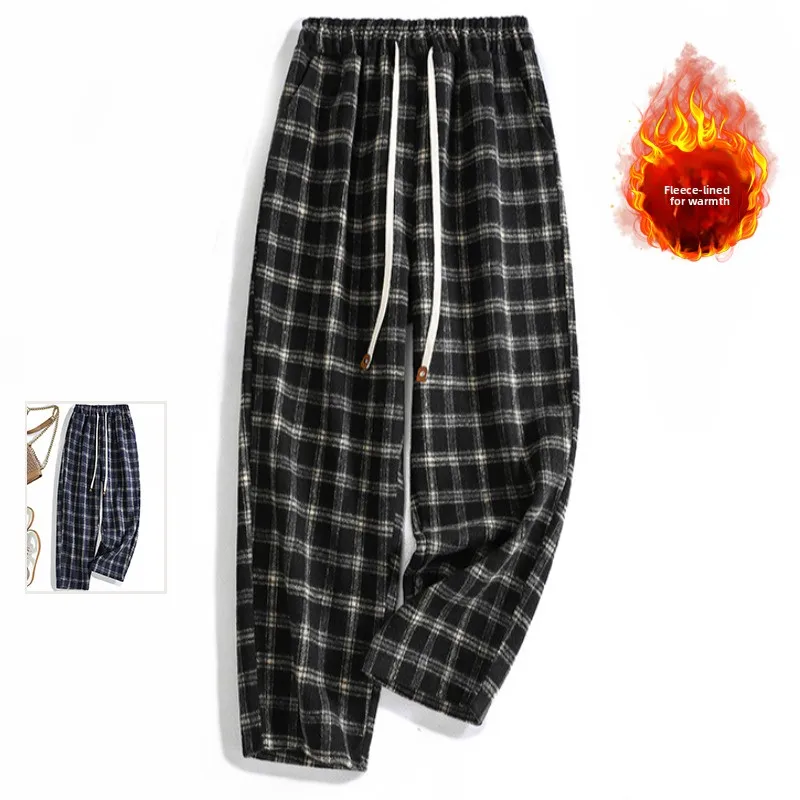 

Women's Plaid Fleece Lined Casual Pants Elastic Waist Belted Slimming Harlan Pants Versatile Long Trousers Winter Commute Style