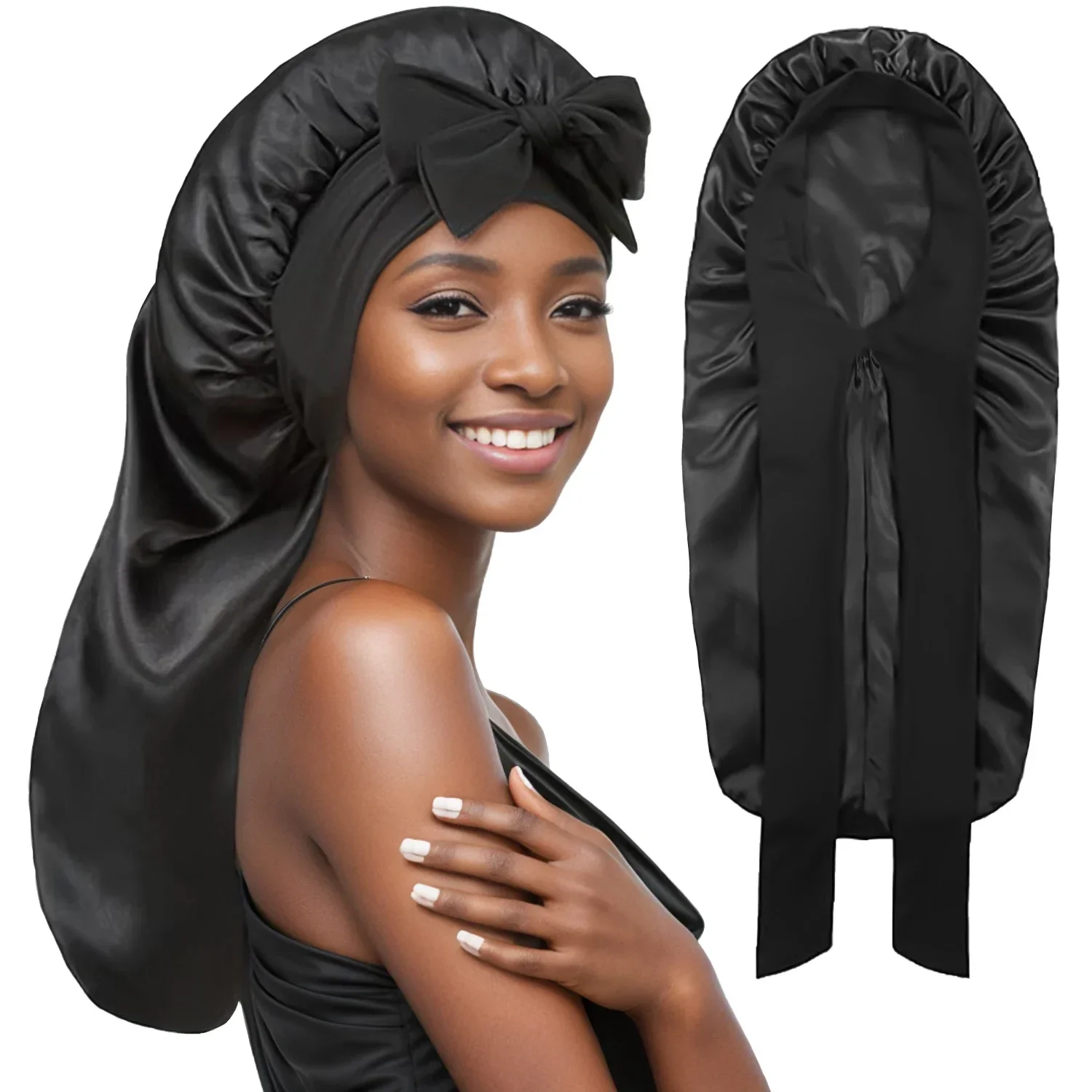 High Elastic Satin Solid Wide-brimmed Sleeping Hat Unisex Head Wrap Elastic Band Cap Hair Care Bonnet Night Sleeping Hat image 2
