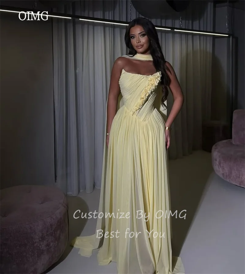 OIMG Elegantes gelbes trägerloses A-Linie-Abschlussballkleid mit Kappe, 3D-Blumen, plissiertes Partykleid, bodenlanges Abendkleid, individuell gestaltet