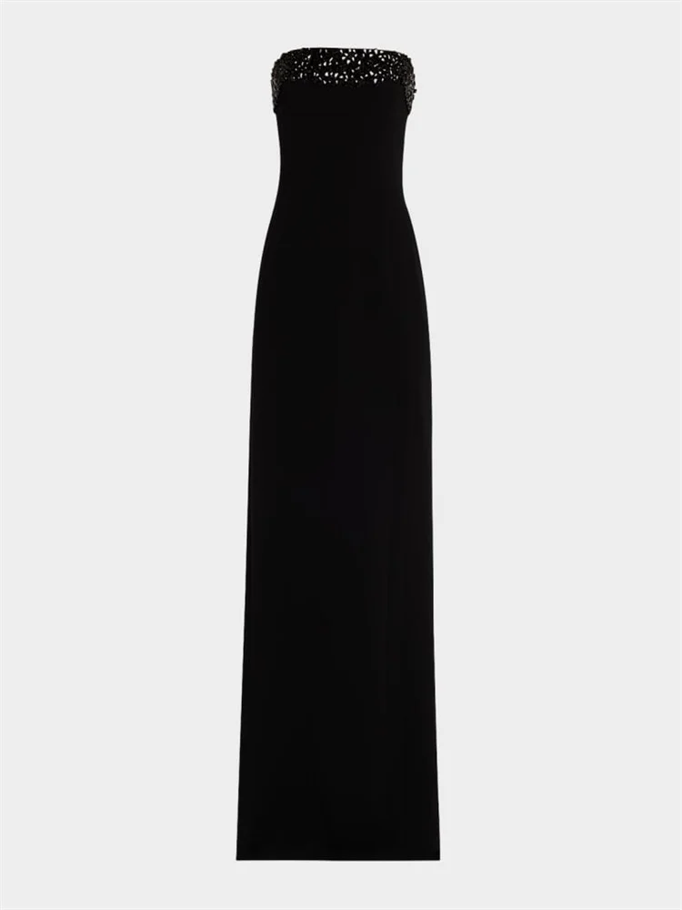 

New Arrival Strapless Neckline Sleeveless Column Satin Evening Dress Center Back Slit Floor Length Sweep Train Gown For Women