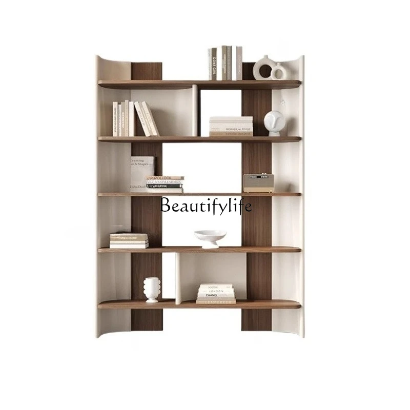 

Modern light luxury new Chinese bookcase smoked wood floor bookshelf solid wood layered shelf