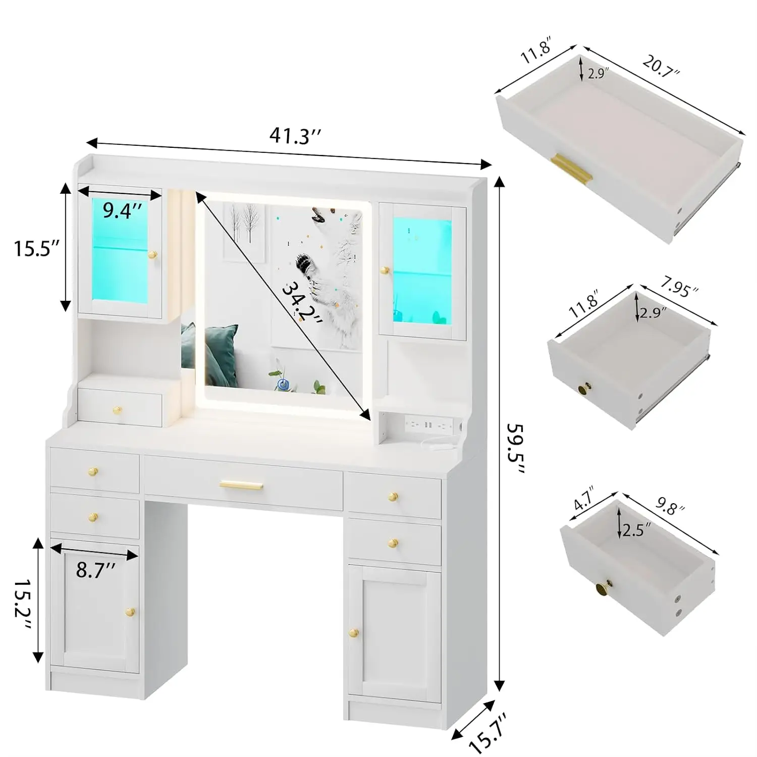 Vanity Table with Charging Station and 6 Storage Drawers, Adjustable 3 Mode Mirror Lights, Bedroom Dressing Table, Customized