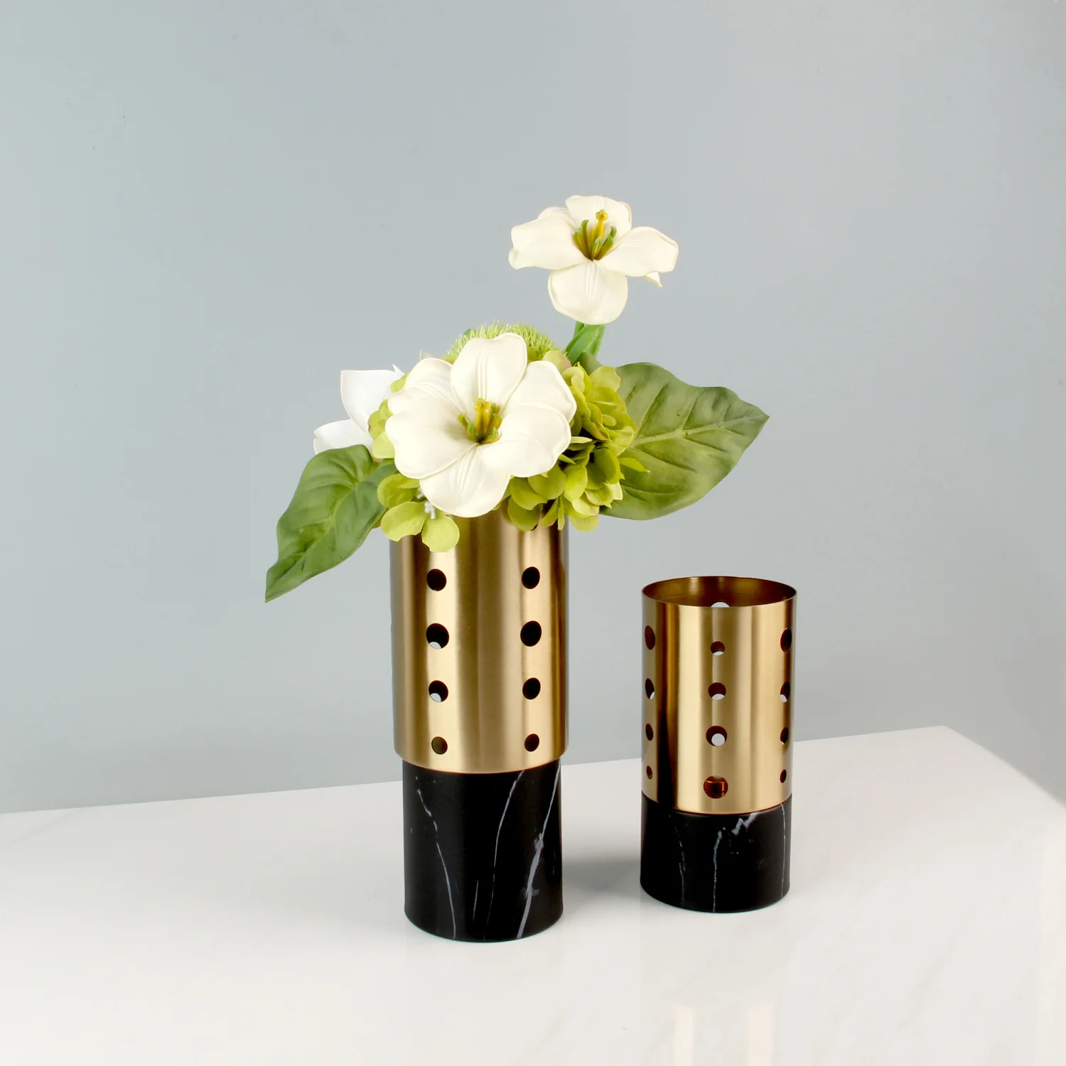 Marble Vase Metal Hollowed-out Flower Vase Cylindrical Marble Flowerpot Flower Arrangement Home Decoration Accessories