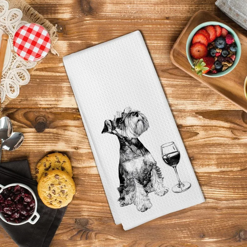 1pc Schnauzer Dog Wine Glass Printed Kitchen Towel, Soft Absorbent Hand Towel, Perfect for Kitchen, Dining Room, Bathroom, Dorm