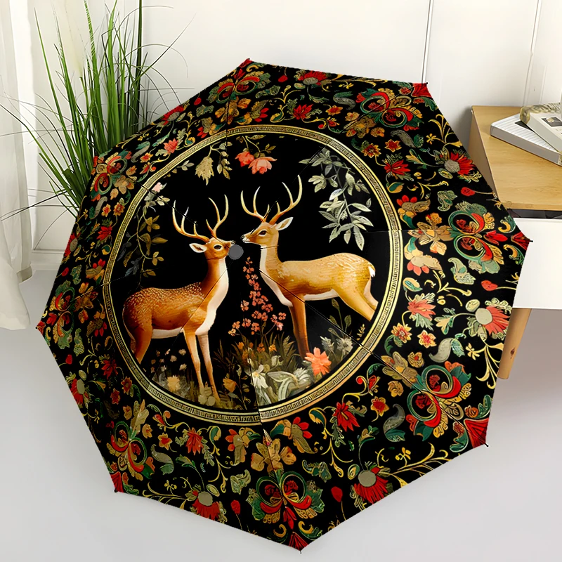 Retro Flowers Theme Folding Umbrella - Fashionable Auto-Open Design 8 Iron Ribs Plastic Handle Foldable Sunshade Perfect Gifts